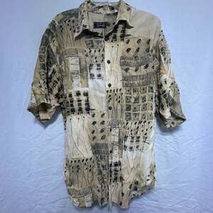 90s Scarab Art Teacher Abstract Pattern Short Sleeve Button Down Shirt Size L